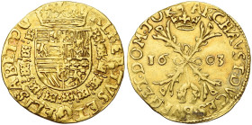 TOURNAI, Seigneurie, Albert et Isabelle (1598-1621), AV double albertin, 1603. D/ Ecu couronné, entouré du collier de la Toison d'or. R/ Croix de Bour...