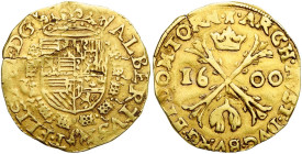 TOURNAI, Seigneurie, Albert et Isabelle (1598-1621), AV albertin, 1600. D/ Ecu couronné, entouré du collier de la Toison d'or. R/ Croix de Bourgogne a...