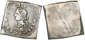 TOURNAI, Siège de 1709, AR 20 sols, émission du 13 juillet 1709. Monsieur de Surville. D/ B. lauré et cuirassé à g. Au-dessus, la valeur. En dessous, ...