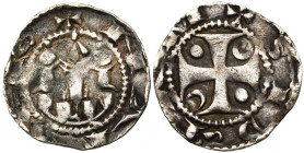 NAMUR, Comté, Philippe le Noble (1196-1212), AR denier anonyme. D/ + NAMVR Châtel à trois tours. R/ + MARCIS (rétrograde) Croix pattée cantonnée de de...