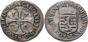 LUXEMBOURG, Duché, Charles II (1665-1700), billon demi-sou de Luxembourg, 1700, Anvers. D/ Croix fleuronnée, cantonnée de la date. R/ Ecu de Luxembour...