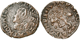 FRANCHE-COMTE, Philippe II (1556-1598), Cu double denier, 1599, Dole. Frappe posthume. D/ B. cour. à g. R/ Lion deb. dans un champ semé de billettes. ...