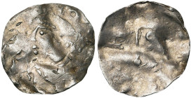 LIEGE, Principauté, AR denier, Liège. Au titre de Conrad II (1024-1039). D/ T. à g. Au-dessus, CO[ ]. R/ Crosse tournée à g., entre I-S (?). Chestret ...