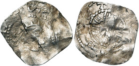 LIEGE, Principauté, AR denier, Liège. Au titre d'Henri III, empereur (1046-1056). D/ T. couronnée à d. R/ Croix formée de deux lignes de points, avec ...