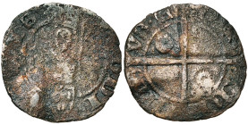 LIEGE, Principauté, Arnould de Hornes (1378-1389), billon brûlé, Liège. D/ LEODI-ENSIS B. de l'évêque de f., bénissant et ten. la crosse, au-dessus de...