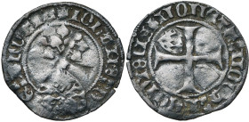 LIEGE, Principauté, Jean de Bavière, élu (1389-1418), billon brûlé, Liège. D/ Ecu incliné de Bavière-Palatinat sommé d'une branche de feuilles. R/ Cro...