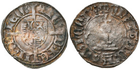 LIEGE, Principauté, Jean de Heinsberg (1419-1455), Cu petit brûlé (demi-mite), Liège. D/ Ecu de Heinsberg sur une croix longue coupant la légende. R/ ...