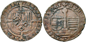 LIEGE, Principauté, Corneille de Berghes (1538-1544), Cu brûlé, 1541, Hasselt. D/ Ecu de Berghes posé sur une croix longue et pattée. R/ Le perron ent...