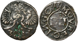 GRONSVELD, Jan I van Bronckhorst (1508-1559), Cu 4 heller, 1636. Vz/ Tweekoppige adelaar, daaronder 3-[6]. Kz/ (wapentje van Gronsveld) MOV BEC I GC ...