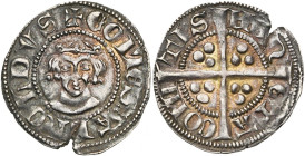 LOON, Graafschap, Arnold V (1279-1323), AR sterling, Hasselt. Vz/ + COMS ARNOLDVS Hoofd v.v., gekroond met roosjes. Kz/ MON-TA- COMI-TIS Lang gevoe...
