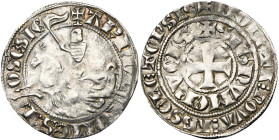 LOON, Graafschap, Arnold V (1279-1323), AR halve groot met de ridder, 1e emissie (na juni 1310), Hasselt. Type 2-IA. Vz/ + ARNOL'- COMES: L-OSESIE Rid...