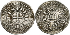 VLAANDEREN, Franse bezetting onder Filips IV (1297-1302), AR groot met de lelie, 1298, Brugge. Muntteken: drietand. Vz/ + PhILIPPVS REX Kort gevoet kr...