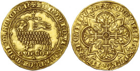 VLAANDEREN, Graafschap, Lodewijk van Male (1346-1384), AV gouden lam (mouton d'or), 1356-1364, Gent en Mechelen. Vz/ Het lam Gods voor een kruisvaan m...