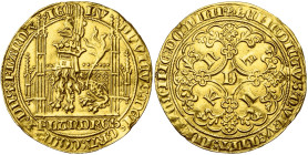 VLAANDEREN, Graafschap, Lodewijk van Male (1346-1384), AV gouden gehelmde leeuw (lion d'or heaumé), 1365-1367 en 1370, Gent. Vz/ Zittende gehelmde lee...