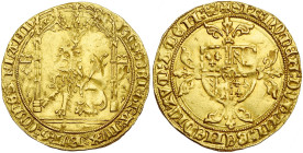 VLAANDEREN, Graafschap, Philips de Goede (1419-1467), AV gouden leeuw (lion d'or), 1454-1460, Brugge en Gent. Vz/ Zittende leeuw n. l. onder een gotis...