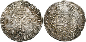 VLAANDEREN, Graafschap, Karel II (1665-1700), AR patagon, 1672, Brugge. Vz/ Gekroond stokkenkruis met een vuurijzer tussen het jaartal en het juweel v...