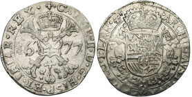 VLAANDEREN, Graafschap, Karel II (1665-1700), AR patagon, 1677, Brugge. Vz/ Gekroond stokkenkruis met een vuurijzer tussen het jaartal en het juweel v...