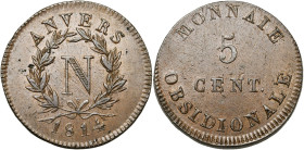 BELGIQUE, Siège d'Anvers, Napoléon Ier, Cu 5 centimes, 2 au 6 avril 1814, atelier Wolschot. Lettre V dans la couronne. D/ Pas de point après 1814. R/ ...