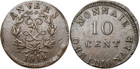 BELGIQUE, Siège d'Anvers, Louis XVIII, Cu 10 centimes, 23 avril au 2 mai 1814, atelier Wolschot. Lettre R sous la couronne. D/ Pas de point après 1814...