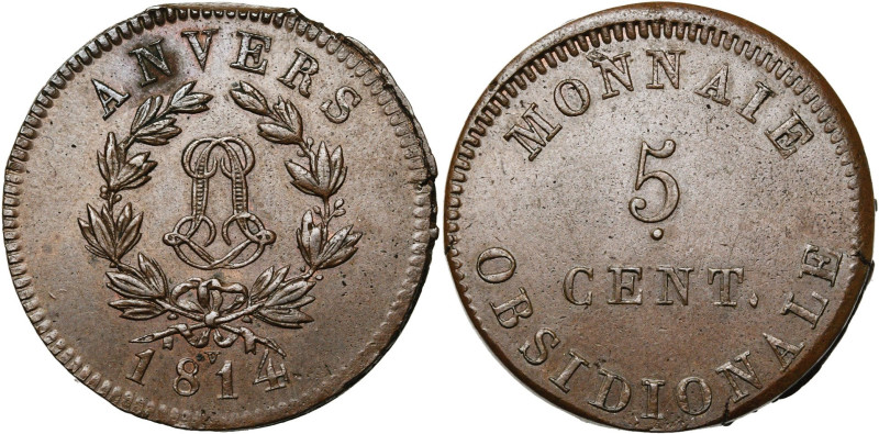 BELGIQUE, Siège d'Anvers, Louis XVIII, Cu 5 centimes, livraison du 18 avril 1814...