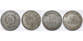 BELGIQUE, Siège d'Anvers, lot de 2 p.: Napoléon Ier, 10 centimes, 1814 et Louis XVIII, 10 centimes, 1814 R, atelier Wolschot. Colaert 2b, 15. Traces d...