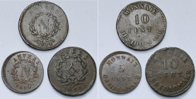 BELGIQUE, Siège d'Anvers, lot de 3 p.: Napoléon Ier, 10 centimes 1814, 5 centimes 1814 V, atelier Wolschot; Louis XVIII, 10 centimes 1814 R, atelier W...