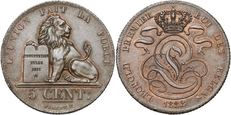 BELGIQUE, Royaume, Léopold Ier (1831-1865), Cu 5 centimes, 1833. BRAEMT F. avec ...