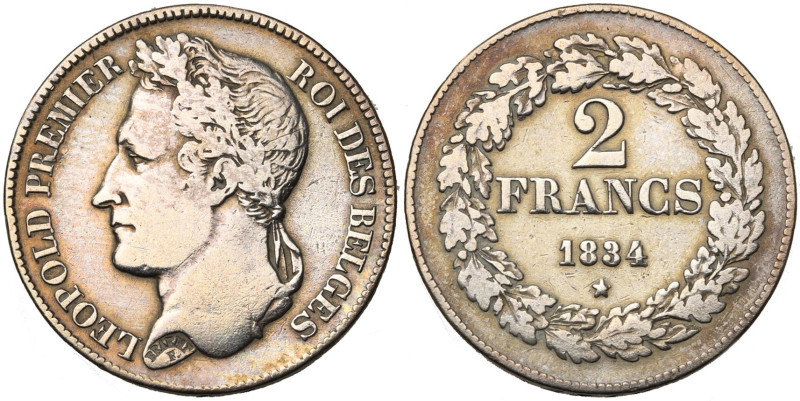 BELGIQUE, Royaume, Léopold Ier (1831-1865), AR 2 francs, 1834. Pos. B. Lettres i...