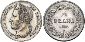 BELGIQUE, Royaume, Léopold Ier (1831-1865), AR 1/2 franc, 1834. Dupriez 94. Belle patine.

Superbe à Fleur de Coin / Extremely Fine - Uncirculated