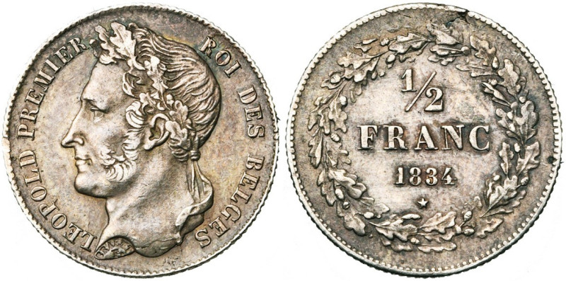 BELGIQUE, Royaume, Léopold Ier (1831-1865), AR 1/2 franc, 1834. Avec large 4. Du...