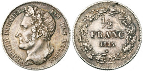 BELGIQUE, Royaume, Léopold Ier (1831-1865), AR 1/2 franc, 1834. Avec large 4. Dupriez 94. Griffe et petit éclat du flan au revers.

Très Beau / Very...