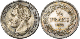 BELGIQUE, Royaume, Léopold Ier (1831-1865), AR 1/2 franc, 1835. Dupriez 128. Légères traces d'ajustage.

Superbe / Extremely Fine