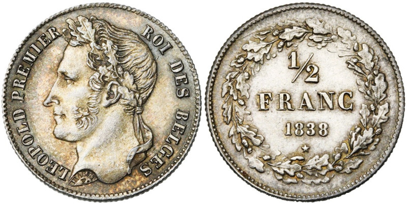 BELGIQUE, Royaume, Léopold Ier (1831-1865), AR 1/2 franc, 1838. Dupriez 159.

...