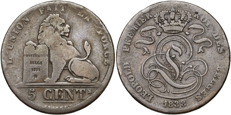 BELGIQUE, Royaume, Léopold Ier (1831-1865), cu 5 centimes, 1838. Dupriez 162. Ra...