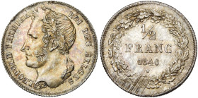 BELGIQUE, Royaume, Léopold Ier (1831-1865), AR 1/2 franc, 1840. Dupriez 172. Rare. Traces d'ajustage. Légère faiblesse de frappe. Belle patine.

Sup...