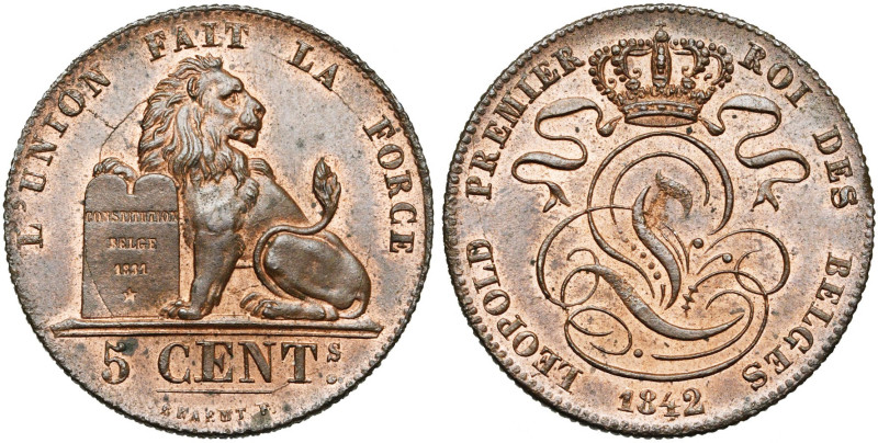 BELGIQUE, Royaume, Léopold Ier (1831-1865), Cu 5 centimes, 1842. BRAEMT F. avec ...