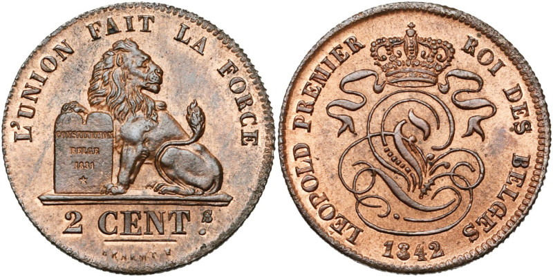 BELGIQUE, Royaume, Léopold Ier (1831-1865), Cu 2 centimes, 1842. Dupriez 198.
...