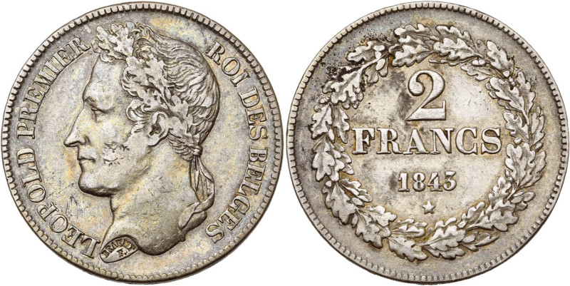 BELGIQUE, Royaume, Léopold Ier (1831-1865), AR 2 francs, 1843. Pos. B. Lettres i...