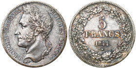 BELGIQUE, Royaume, Léopold Ier (1831-1865), AR 5 francs, 1844. Pos. A. Bogaert 206A. Rare. Patine foncée. Petits coups.

Très Beau / Very Fine