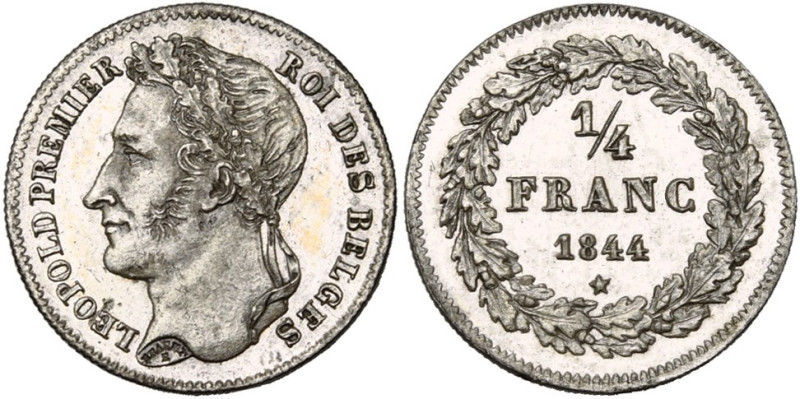 BELGIQUE, Royaume, Léopold Ier (1831-1865), AR 1/4 de franc, 1844. Dupriez 215. ...