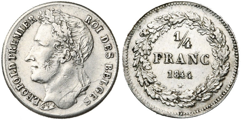 BELGIQUE, Royaume, Léopold Ier (1831-1865), AR 1/4 de franc, 1844. Dupriez 215. ...