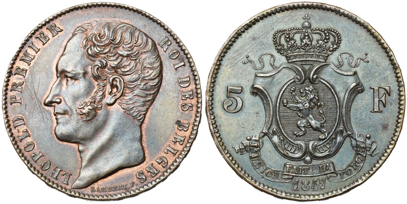 BELGIQUE, Royaume, Léopold Ier (1831-1865), 5 francs, 1847. Tête nue. Essai de L...