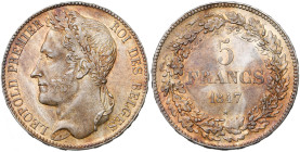 BELGIQUE, Royaume, Léopold Ier (1831-1865), AR 5 francs, 1847. Deuxième type à la tête laurée. Tranche en relief. Dupriez 344. Fines griffes. Patine c...