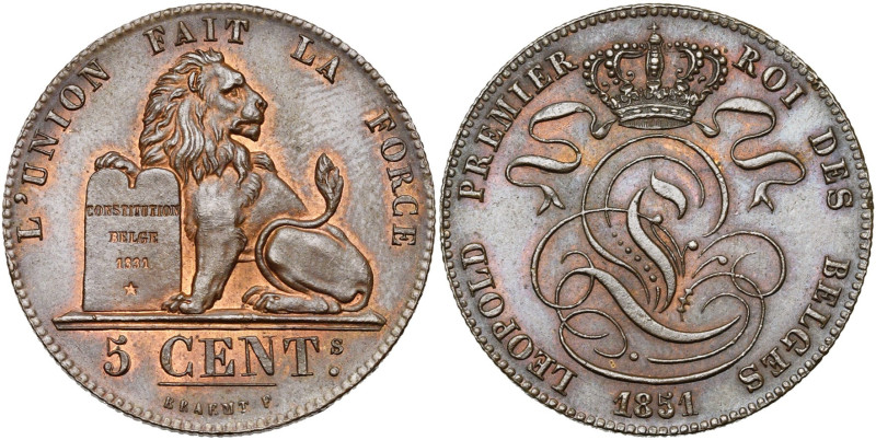 BELGIQUE, Royaume, Léopold Ier (1831-1865), Cu 5 centimes, 1851. Grand 5. BRAEMT...