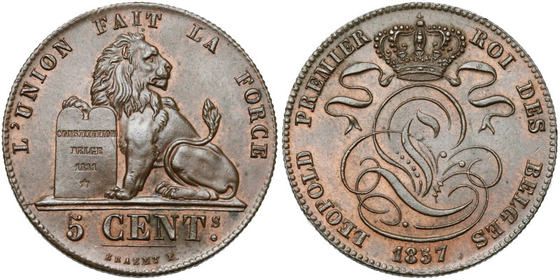 BELGIQUE, Royaume, Léopold Ier (1831-1865), Cu 5 centimes, 1857. Bogaert 594B.
...