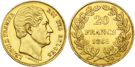 BELGIQUE, Royaume, Léopold Ier (1831-1865), AV 20 francs, 1865. Pos. A, L.WIENER, la 1e feuille du rameau de d. sous la 2e. Bogaert 924A var.

Très ...