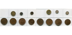 BELGIQUE, Royaume, Léopold Ier (1831-1865), lot de 7 p.: 1 franc 1844 (frappé en laiton, Beau, griffes); 20 centimes 1852, 1853; module de 10 centimes...