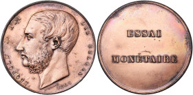BELGIQUE, Royaume, Léopold II (1865-1909), module de 5 francs, 1865. Essai de Jouvenel en cuivre. Frappe médaille. Flan mince. Tranche lisse. Dupriez ...
