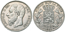 BELGIQUE, Royaume, Léopold II (1865-1909), AR 5 francs, 1865. Dupriez 968. Nettoyé.

Beau à Très Beau / Fine - Very Fine