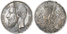 BELGIQUE, Royaume, Léopold II (1865-1909), AR 5 francs, 1866. F sans point. Grande tête et signature le long du cou. Essai avec tranche lisse. Dupriez...